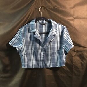 Y2K Inspired Blue Plaid Cropped Button Front Shirt Sz  XL